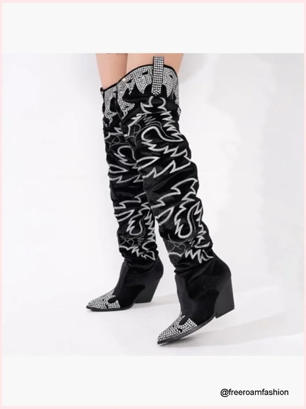 Rhinestone Embroidered Thigh High Cowgirl Boots Velvet Over the Knee Slouchy